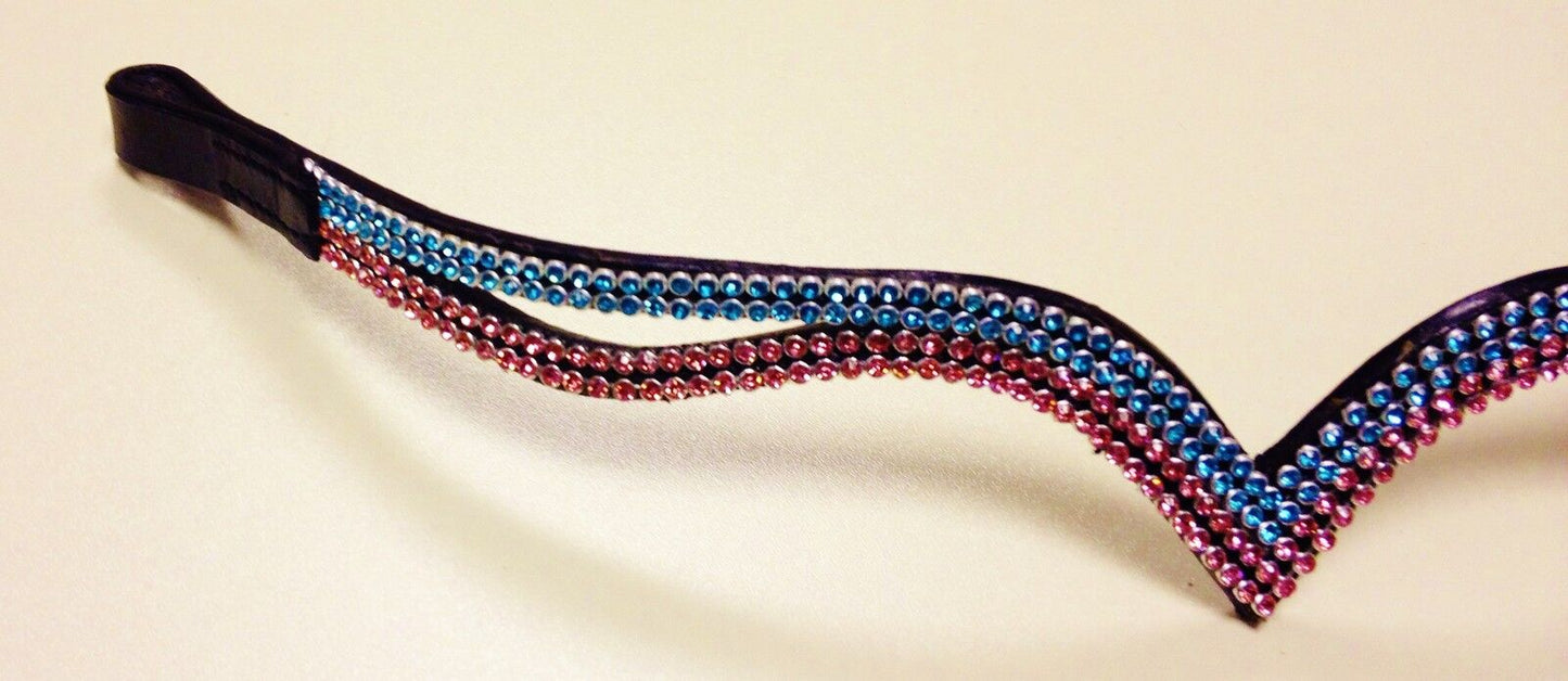 New (V) Shaped sparky two tone pink/turquoise Crystal Browband full - 16" Brown
