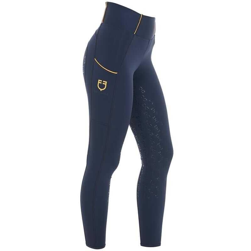 Equestro Ladies Junior Full Grip Riding Tights ,Navy/Yellow , SIZE Large (3957)