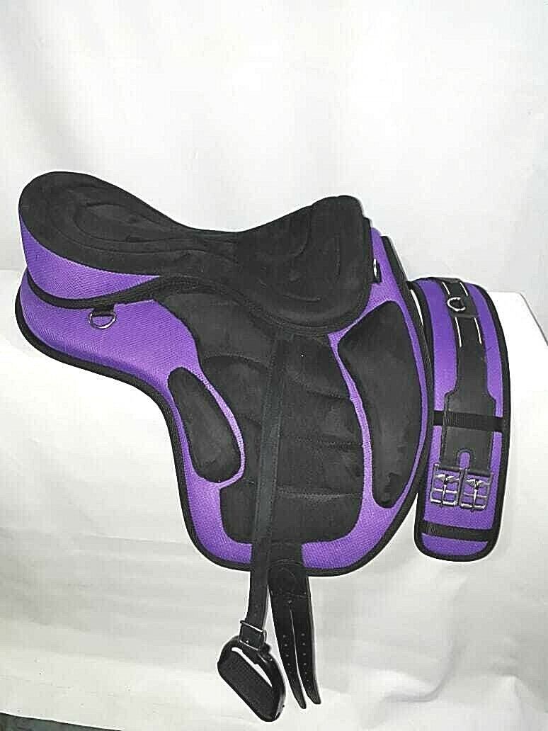 New Synthetic All Purpose Treeless Saddle BLACK/PURPLE 16"+ free Girth Stirrups
