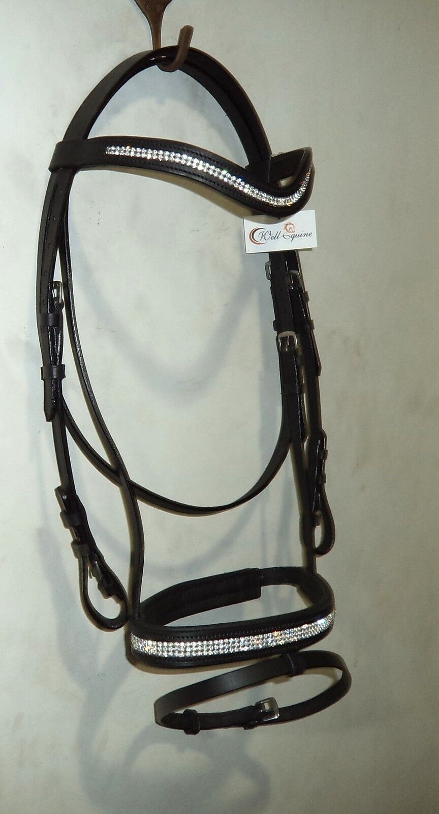 Designer "U" Shaped clear crystal browband show bridle free reins Cob Black