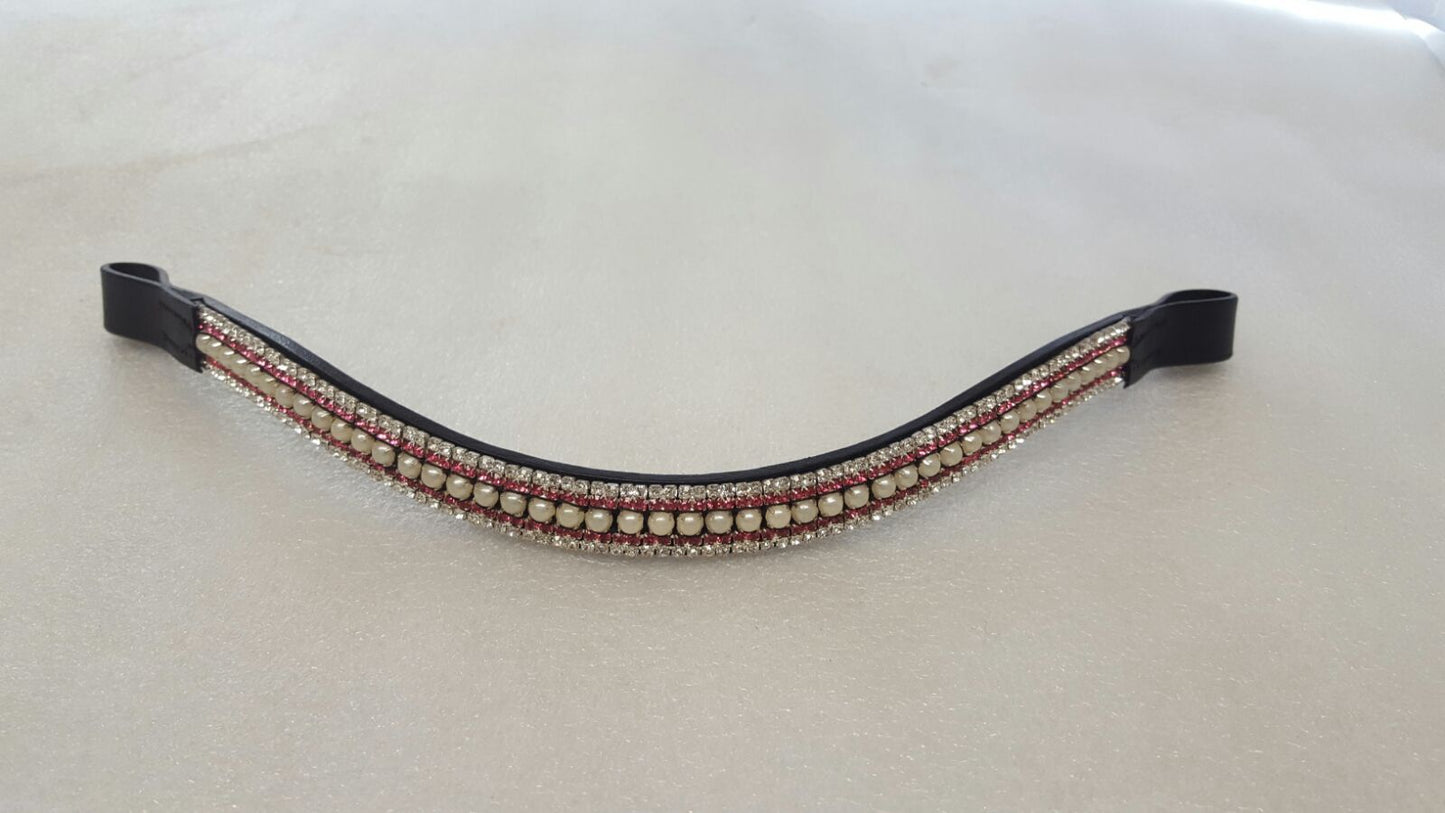 BLING!*Dressage*Mega-Sparkly Leather Browband*5 Rows Crystals* PEARL/PINK/CLEAR BLACK LEATHER