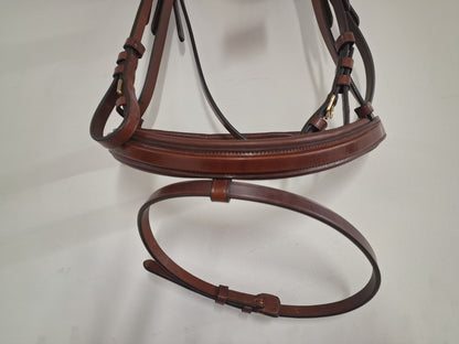Cwell Equine English Leather Tobacco Brown Snaffle Bridle For Horse With Golden Crystal Browband FULL(1062-15-16)B1