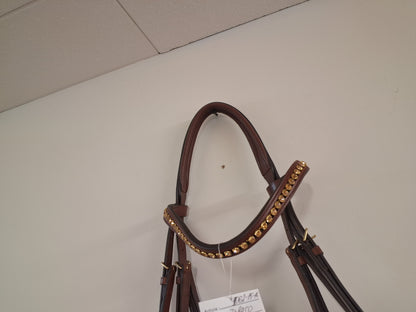 Cwell Equine English Leather Tobacco Brown Snaffle Bridle For Horse With Golden Crystal Browband FULL(1062-15-16)B1