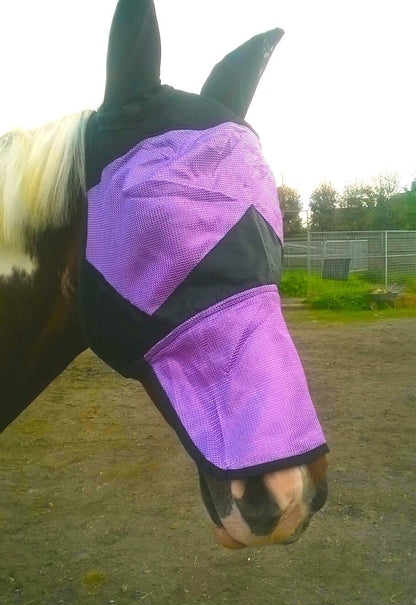 NEW Quality Fine Mesh Horse Cob Pony Full Face Fly Mask Hood Ears long Nose Flap