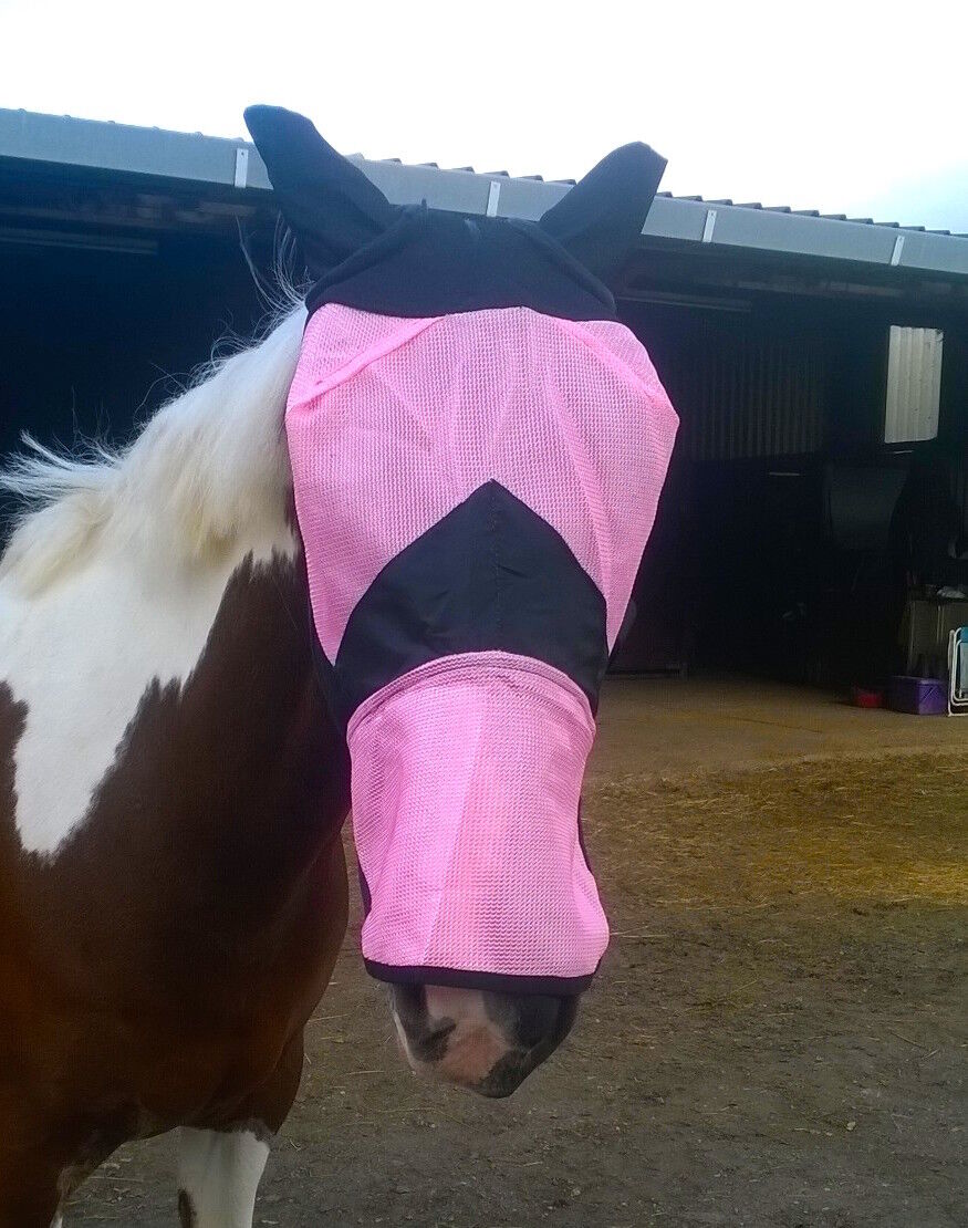 NEW Quality Fine Mesh Horse Cob Pony Full Face Fly Mask Hood Ears long Nose Flap