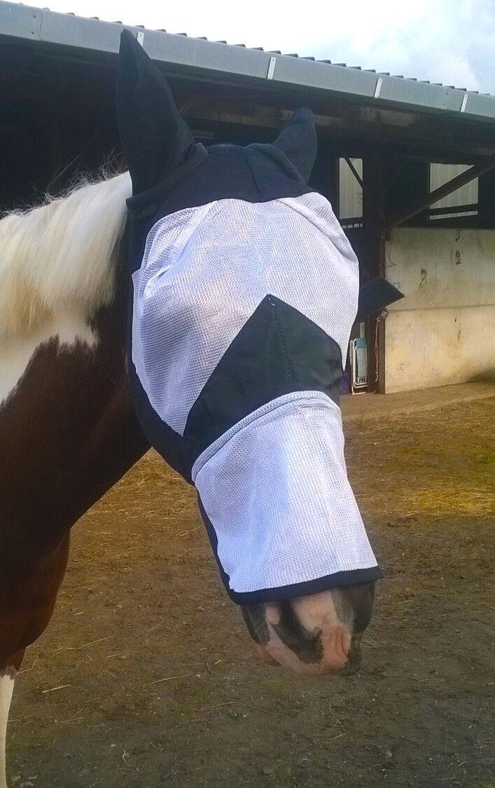 NEW Quality Fine Mesh Horse Cob Pony Full Face Fly Mask Hood Ears long Nose Flap