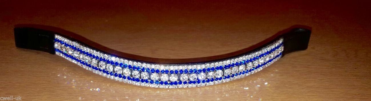 BLING!*Dressage*Mega-Sparkly Leather Browband*5-Row Crystals*CLEAR/BLUE BLACK