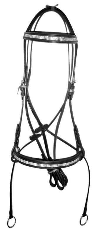 New Crystal Detail Cross Over Bitless Leather Bridle web grip reins Cob (Black)