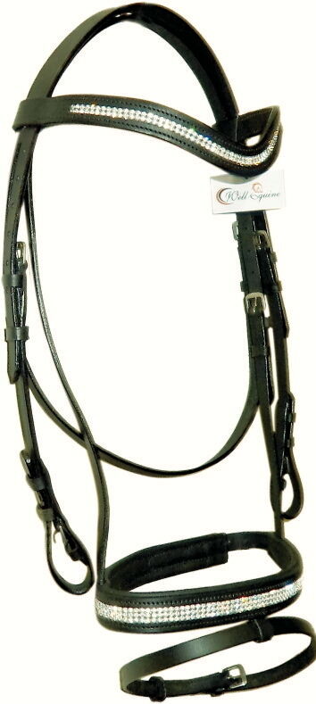 Designer "U" Shaped clear crystal browband show bridle free reins Cob Black