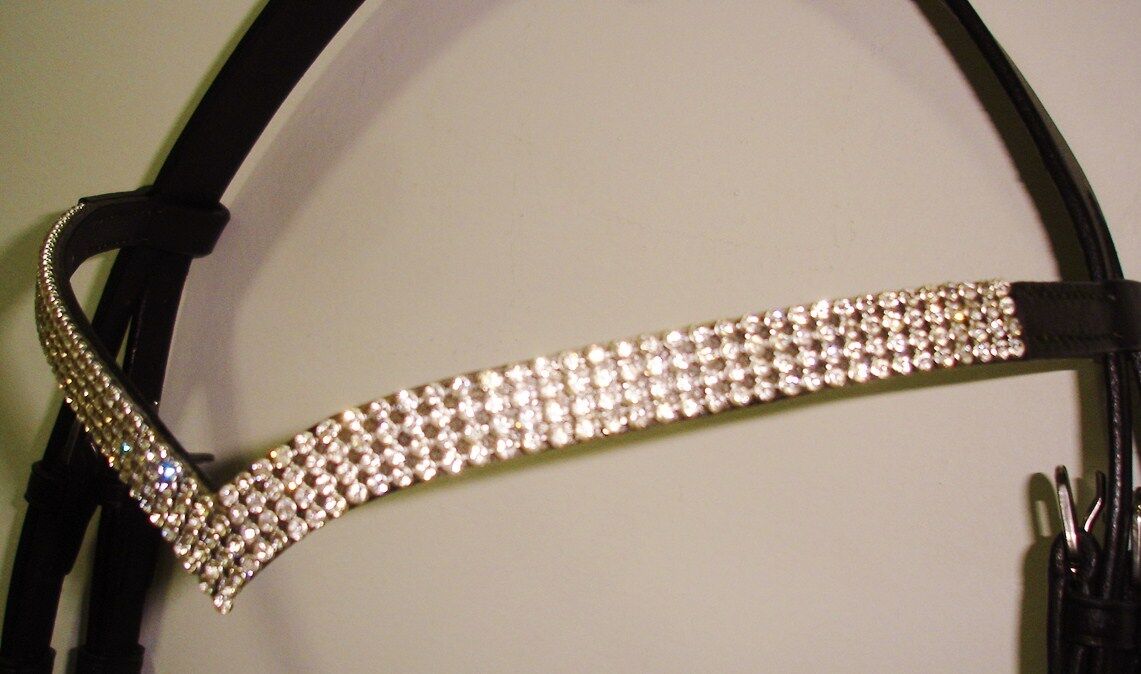 New Best Quality Designer V Shaped 4 Rows Silver Crystal Browband cob 15" BLACK