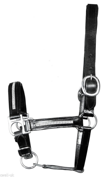 New Heavy Duty Leather Bling Crystal SHOW Halter - FULL Black