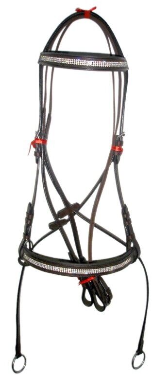 New Crystal Detail Cross Over Bitless Leather Bridle web grip reins cob (Brown)