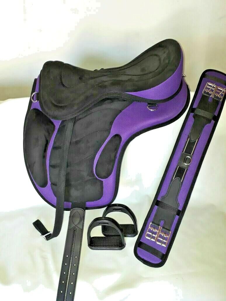New Synthetic All Purpose Treeless Saddle BLACK/PURPLE  16"+ free Girth Stirrups