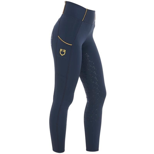 Equestro Ladies Junior Full Grip Riding Tights ,Navy/Yellow , SIZE Large (3957)