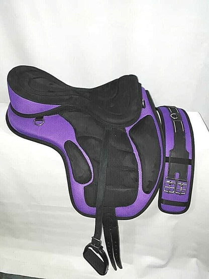 New Synthetic All Purpose Treeless Saddle BLACK/PURPLE  16"+ free Girth Stirrups