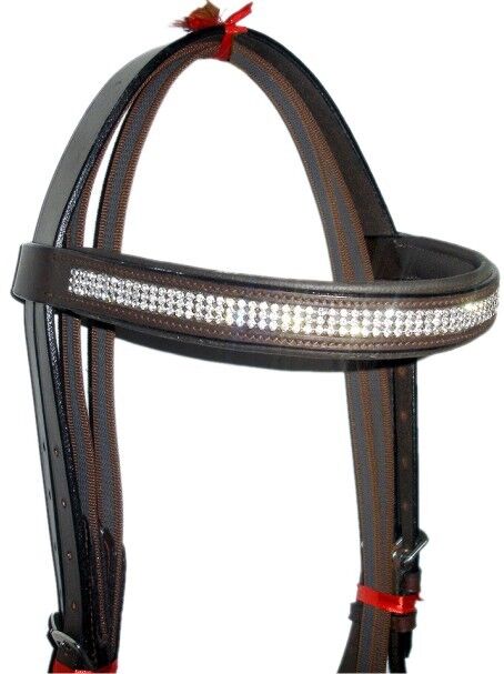 New Crystal Detail Cross Over Bitless Leather Bridle web grip reins cob (Brown)