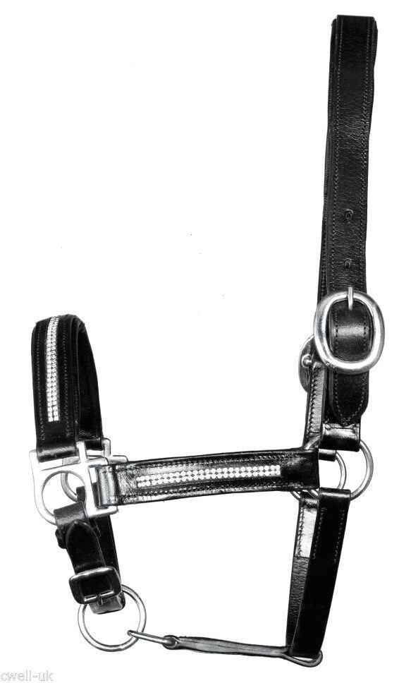 New Heavy Duty Leather Bling Crystal SHOW Halter  - PONY Black
