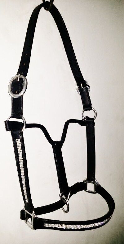 New Heavy Duty Leather Bling Crystal SHOW Halter  - PONY Black