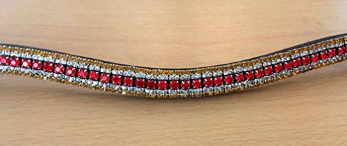 BLING!*Dressage*Mega-Sparkly Leather Browband*5-Row Crystals RED/CLEAR &amp; GOLDEN CRYSTALS BLACK LEATHER F/C/P
