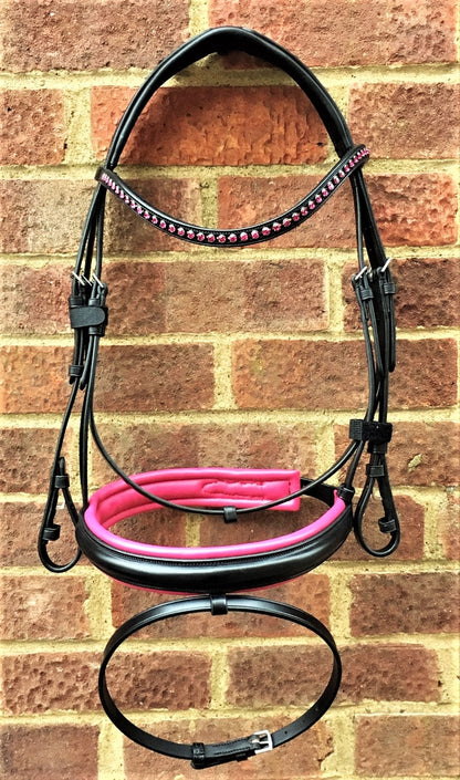 Cwell Equine Snaffle Bridle Cardiff (Annie) With U shaped Basil Fuchsia Crystal Browband FULL (963)