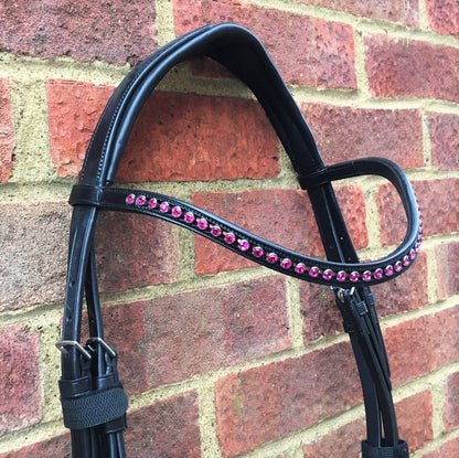 Cwell Equine Snaffle Bridle Cardiff (Annie) With U shaped Basil Fuchsia Crystal Browband FULL (963)