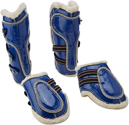 Cwell Equine New Bling Tendon &amp; Fetlock Boots Sparkly Diamante on Patent Leather BLUE F/C/P